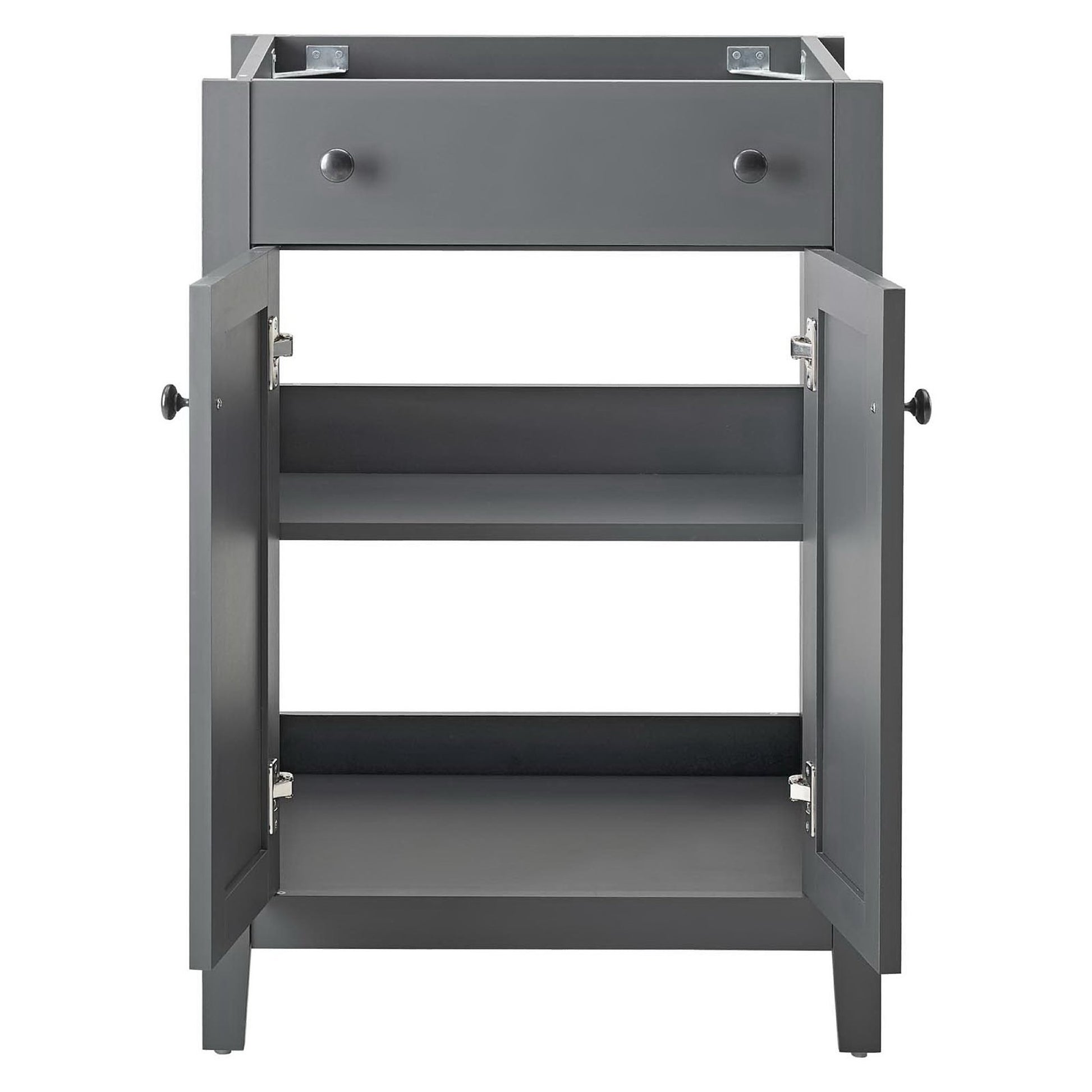 Gray freestanding bathroom vanity cabinet with a top drawer and two doors open to reveal two shelves.