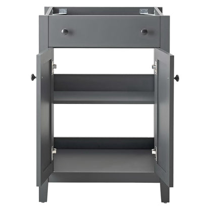 Gray freestanding bathroom vanity cabinet with a top drawer and two doors open to reveal two shelves.