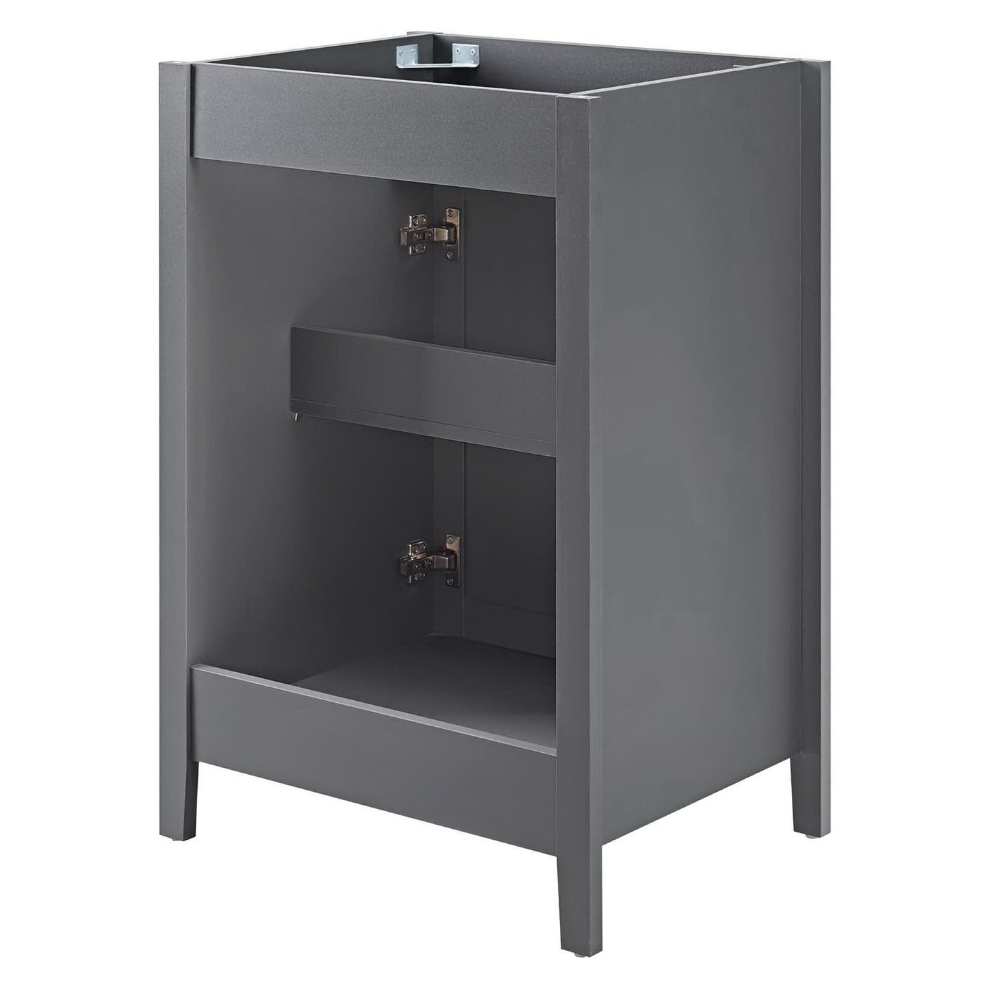 Gray powder-coated metal cabinet on legs with open front and interior rails for storage.