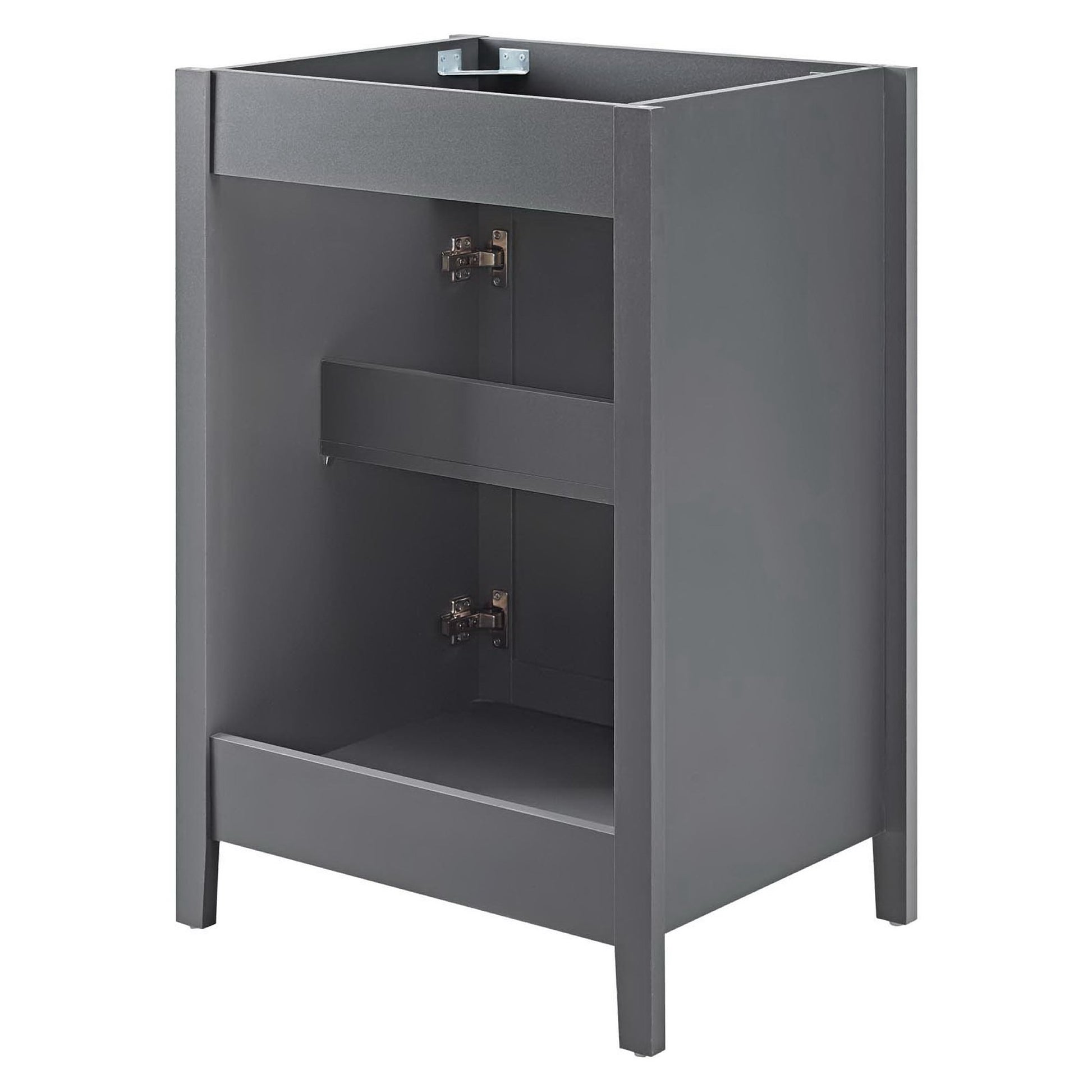 Gray powder-coated metal cabinet on legs with open front and interior rails for storage.