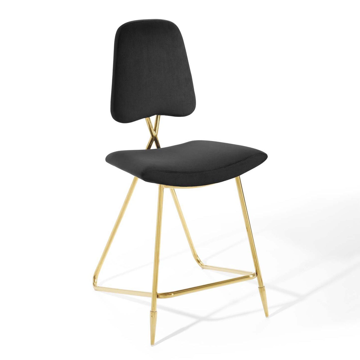 Black upholstered counter stool with a gold metal frame, contoured seat and backrest, slim X-frame legs.