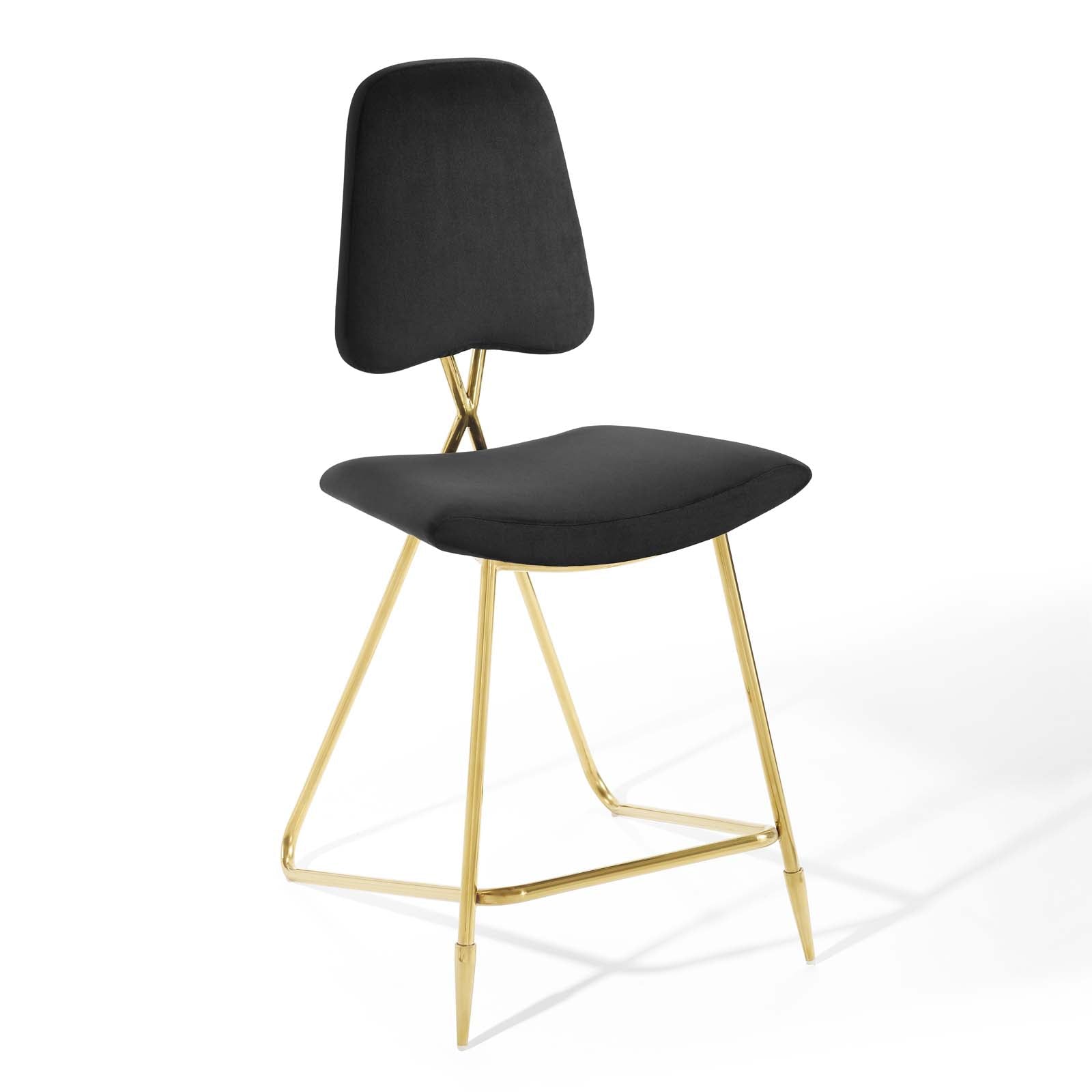 Black upholstered counter stool with a gold metal frame, contoured seat and backrest, slim X-frame legs.