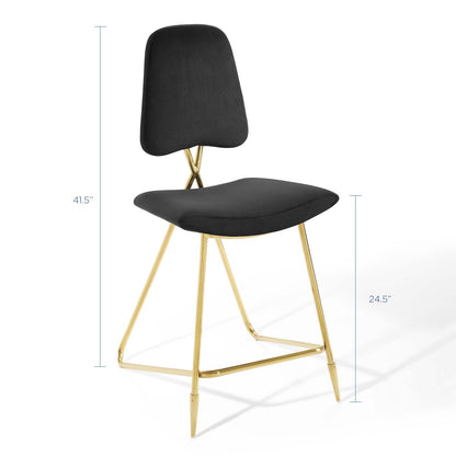 Black upholstered counter stool with gold-tone metal legs and a crisscross back; 41.5 in tall, 24.5 in seat height.