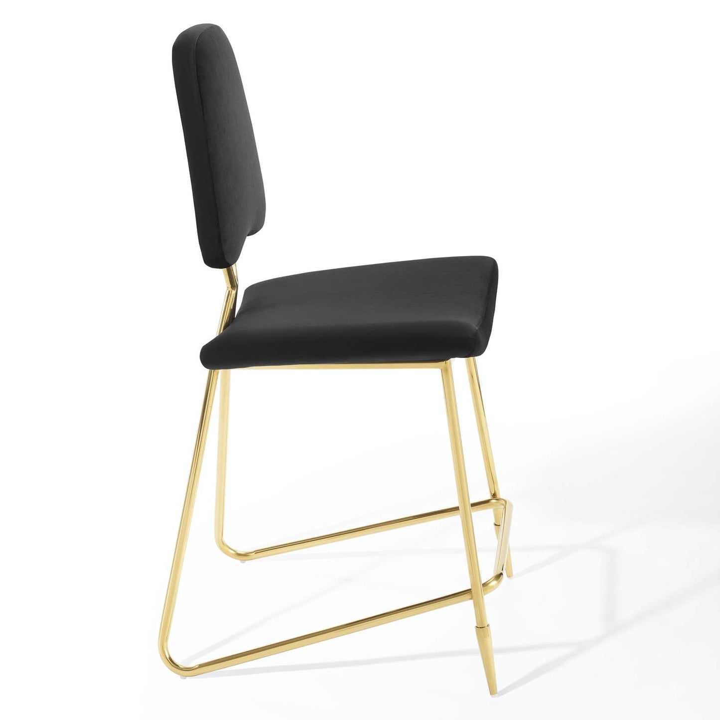 EEI-3879-BLK counter stool with black velvet padded seat and backrest; black metal sled base; modern dining/bar stool.