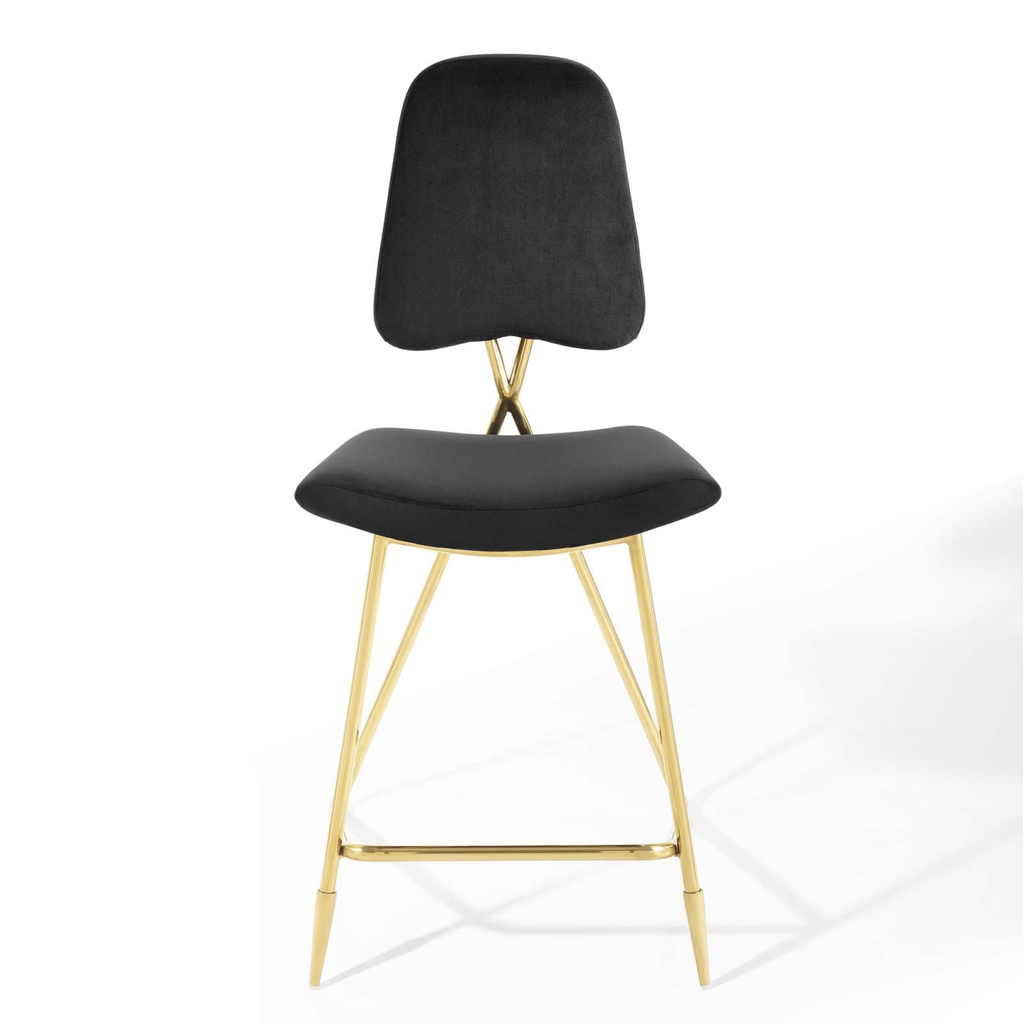 Black velvet upholstered curved-back counter stool with gold metal legs and footrest.