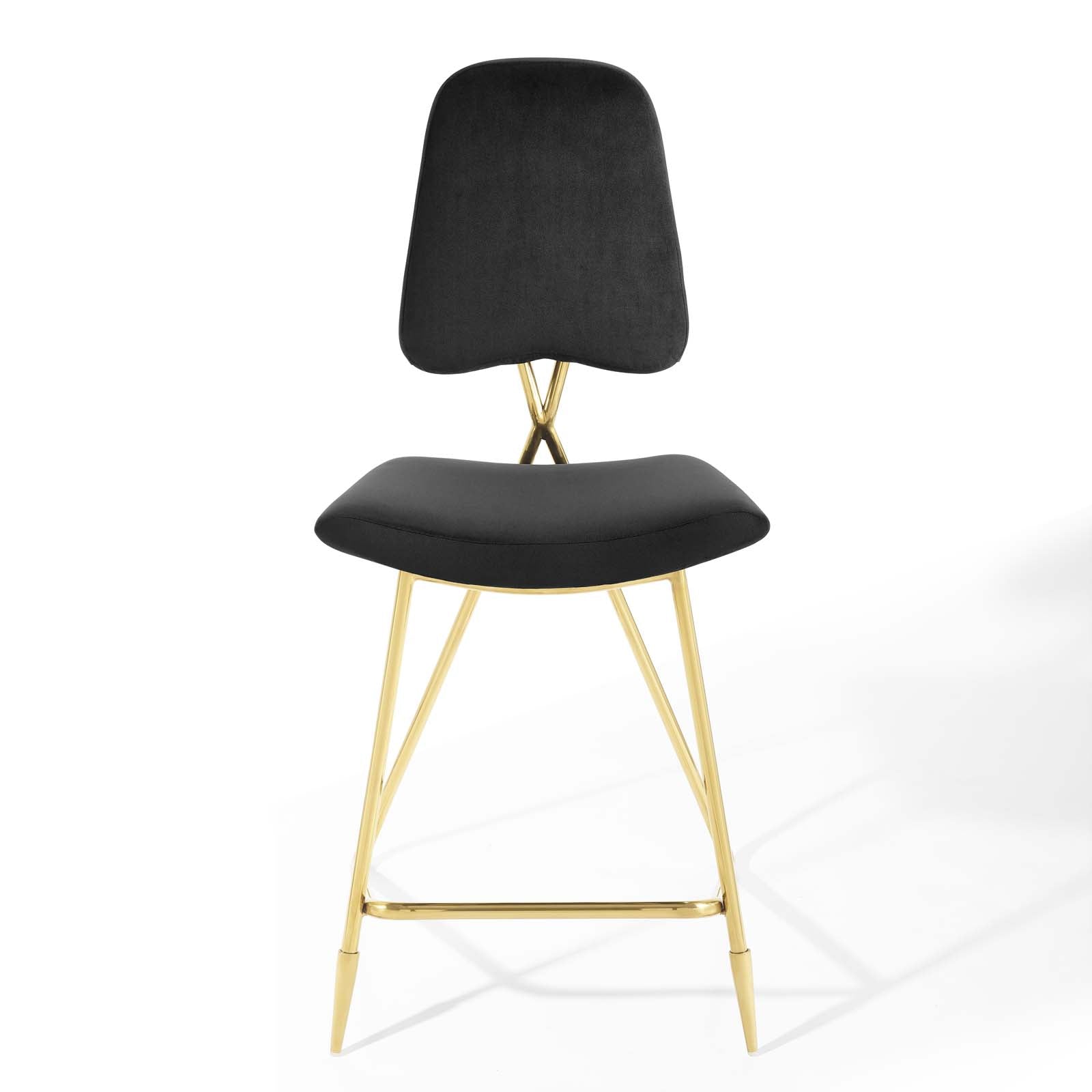 Black velvet upholstered curved-back counter stool with gold metal legs and footrest.