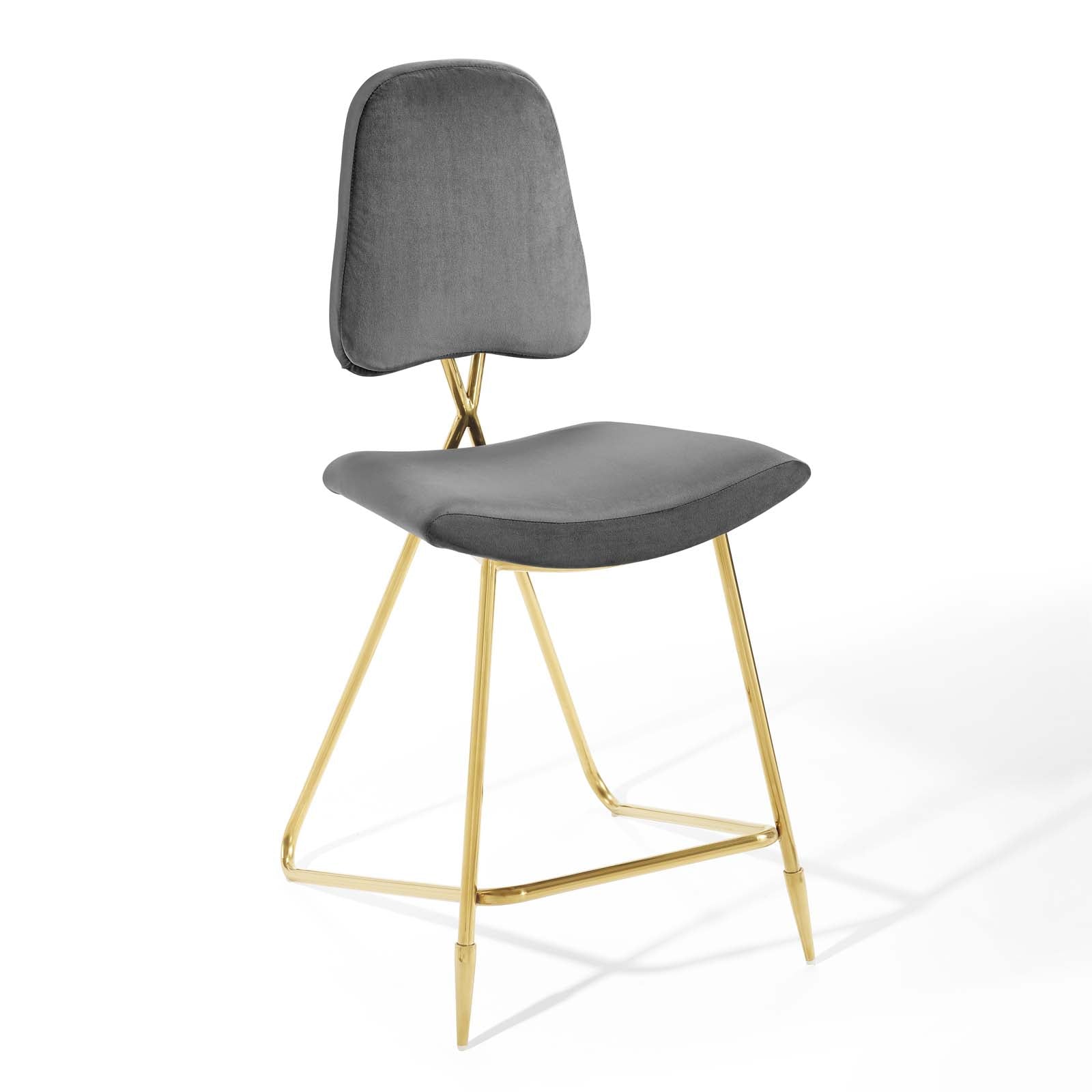 Grey velvet upholstered counter stool with curved back, gold metal legs, and footrest.