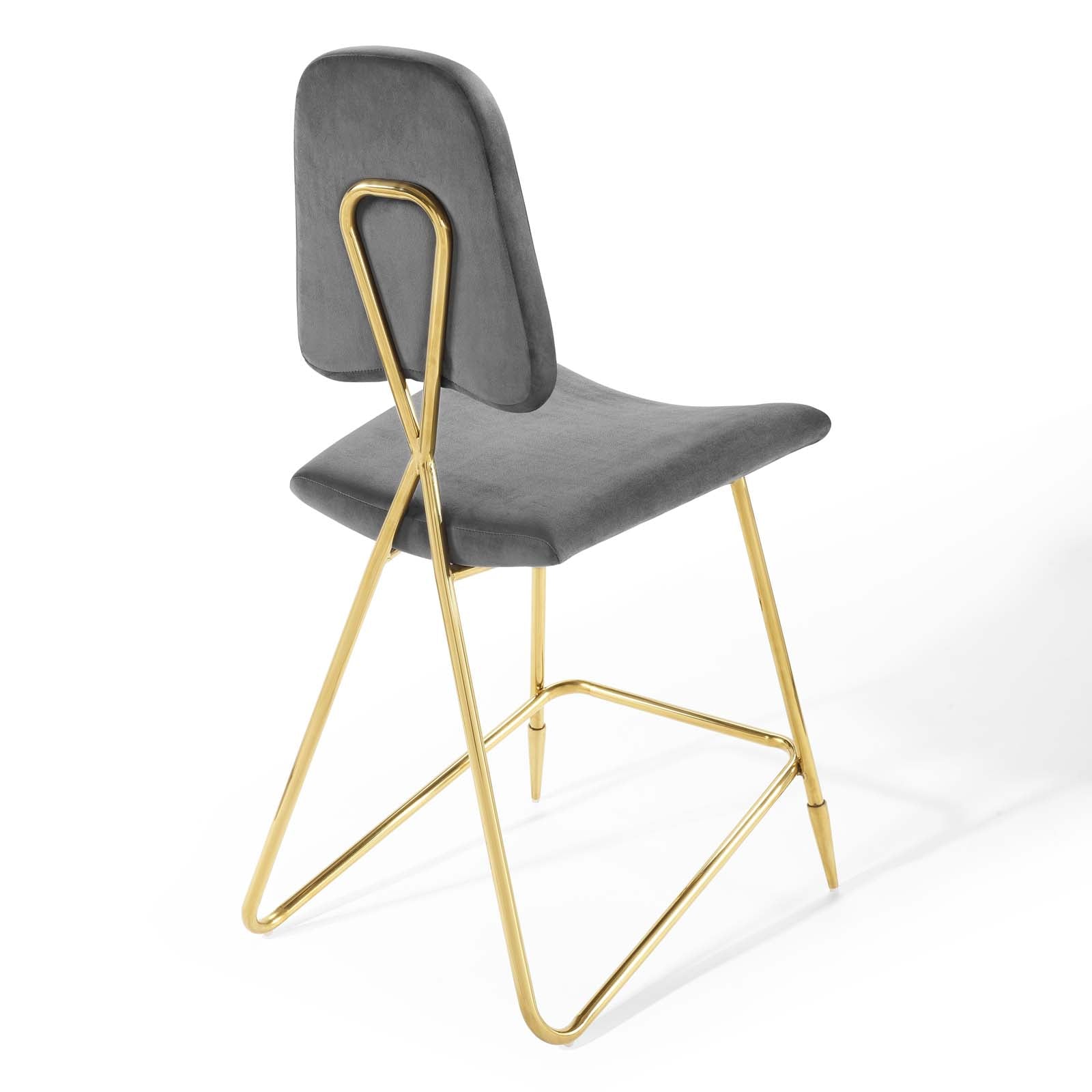Gray fabric upholstered counter stool with a gold-tone geometric metal base & looped backrest.