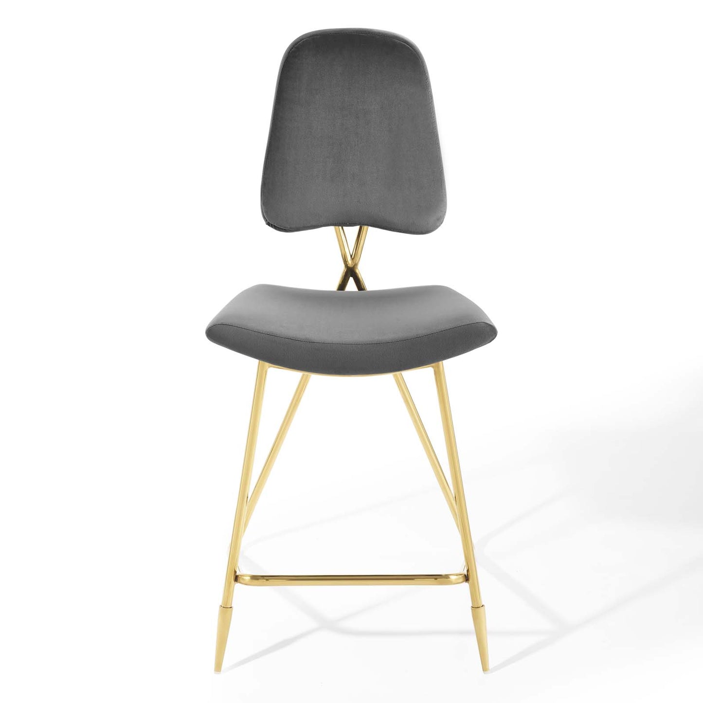 Gray upholstered counter stool with curved seat & tall backrest, gold metal legs & footrest.