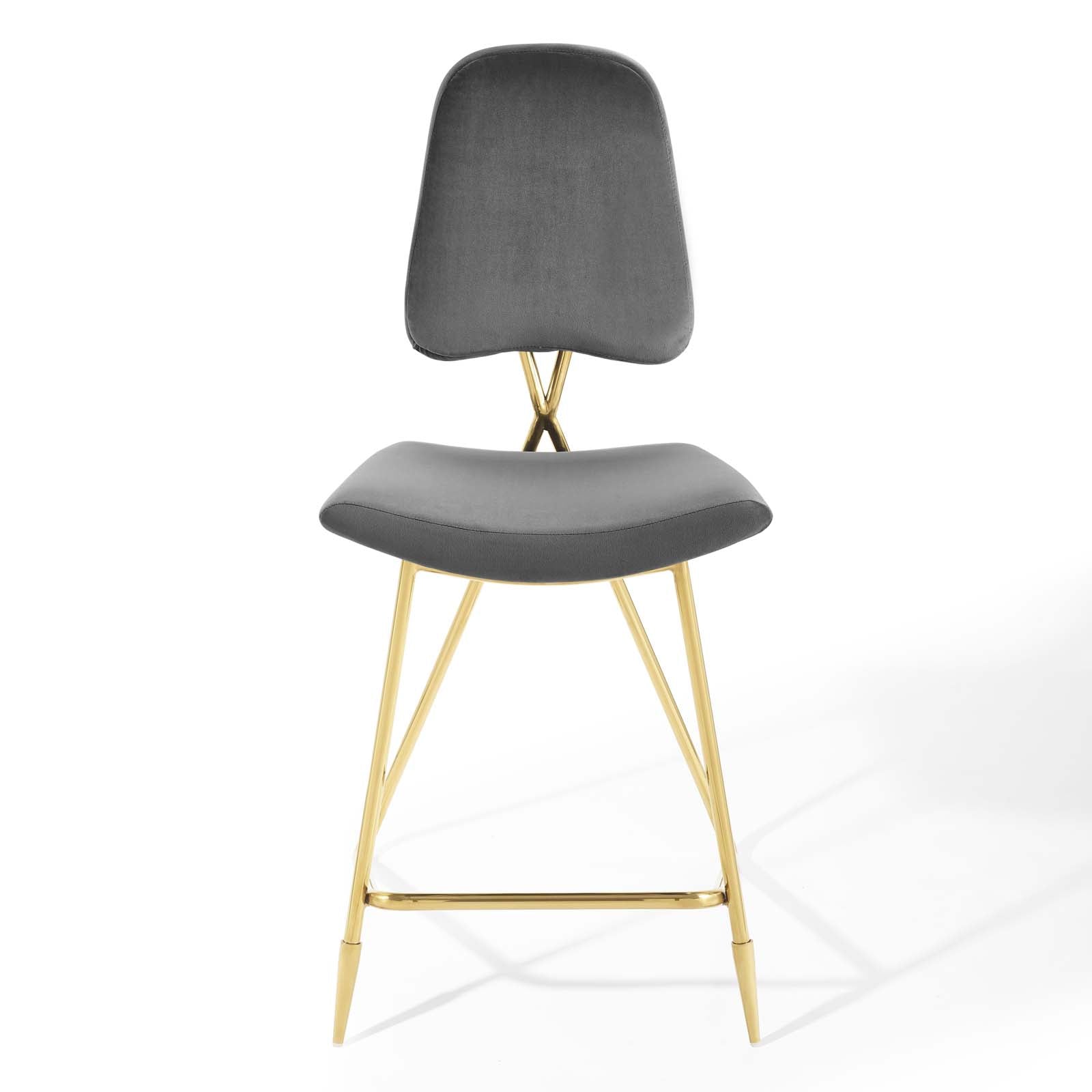 Gray upholstered counter stool with curved seat & tall backrest, gold metal legs & footrest.