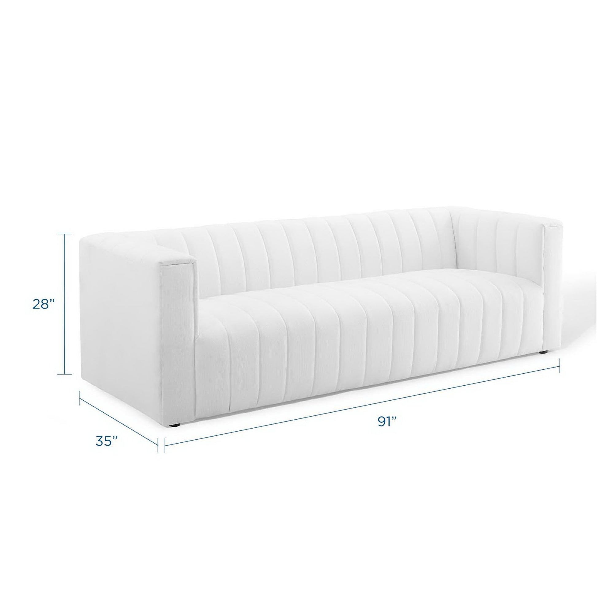 White fabric sofa with vertical channel tufting and squared arms, long rectangular silhouette; 91" long.