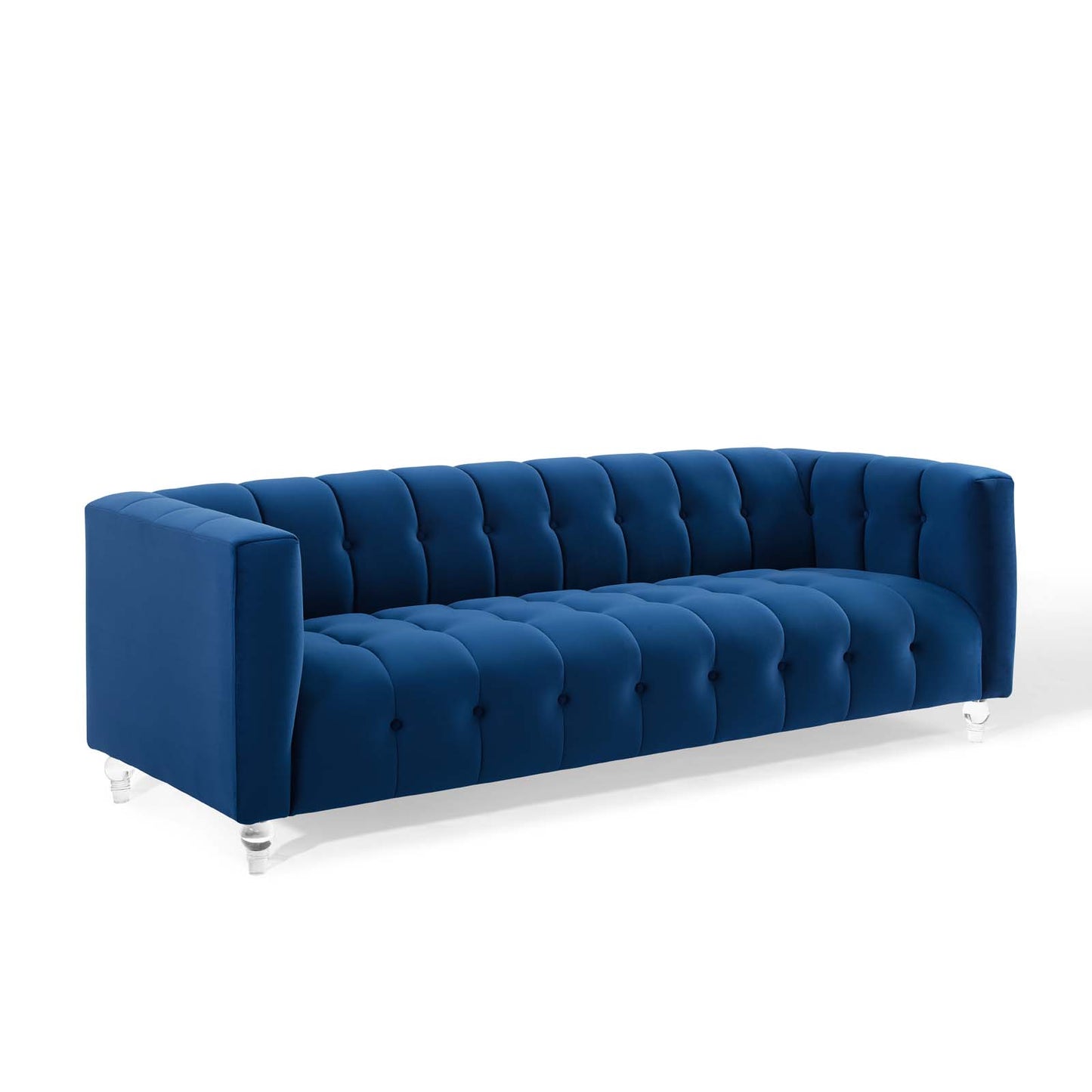Navy blue velvet tufted 3-seat sofa with square arms, button tufting and clear acrylic legs.