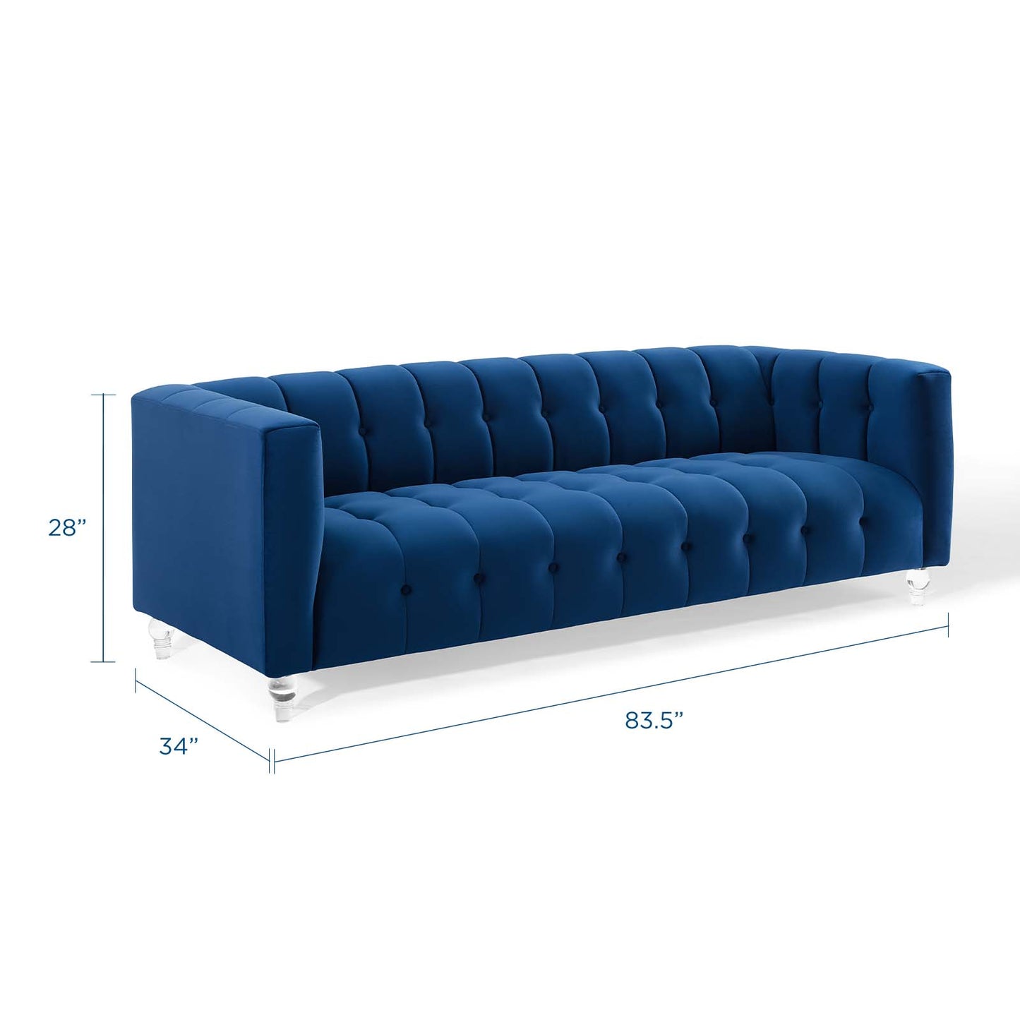 Navy blue velvet channel-tufted sofa with straight arms, silver legs, 83.5 in long x 34 in D x 28 in H