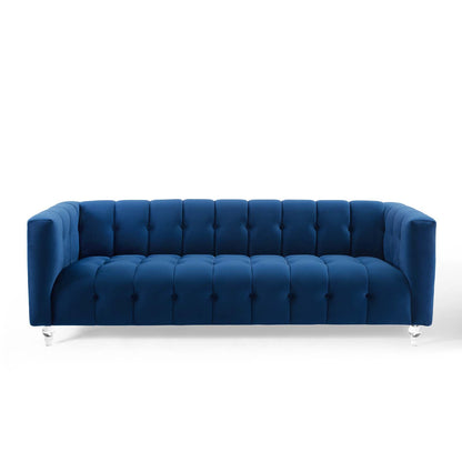 Navy blue velvet button-tufted 3-seat sofa, modern Chesterfield style with chrome legs.
