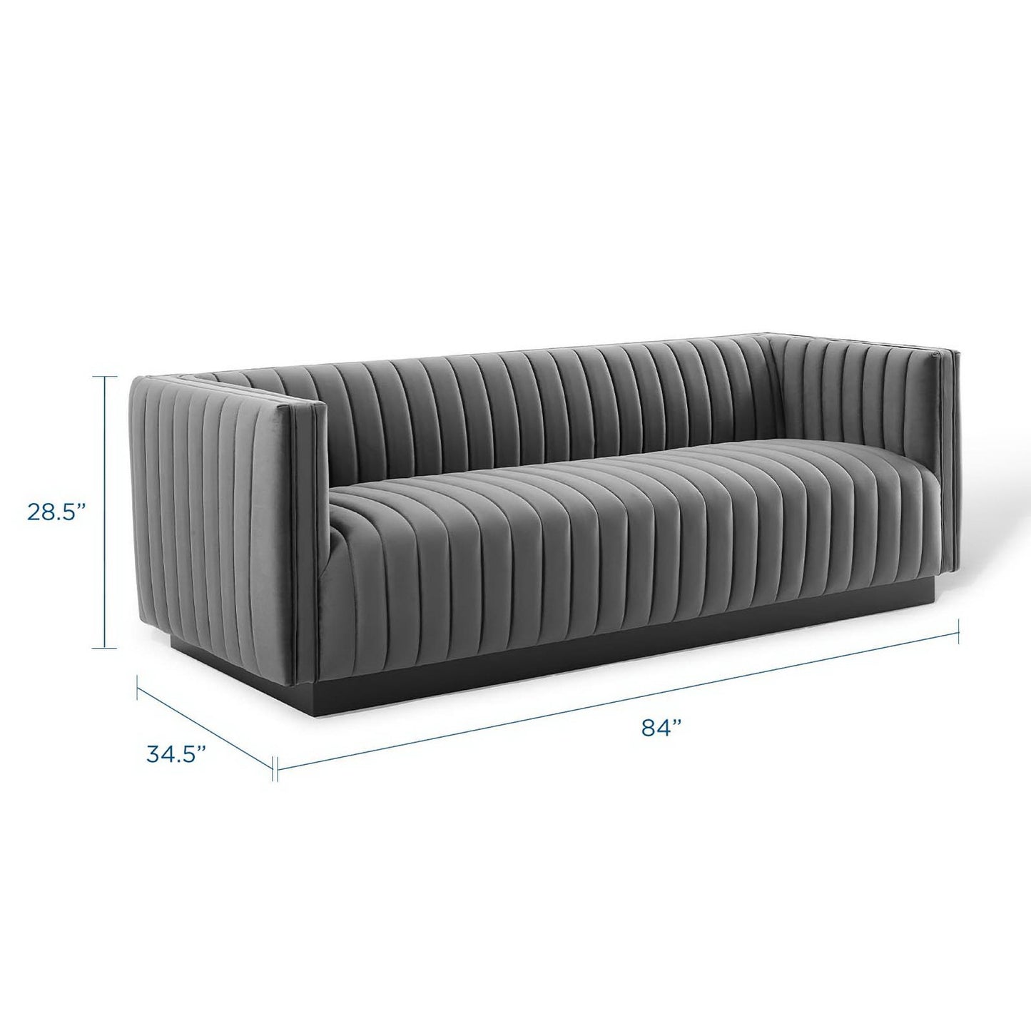 Gray channel-tufted sofa with a black base, 84" wide, 34.5" deep, 28.5" tall.