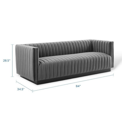 Gray channel-tufted sofa with a black base, 84" wide, 34.5" deep, 28.5" tall.