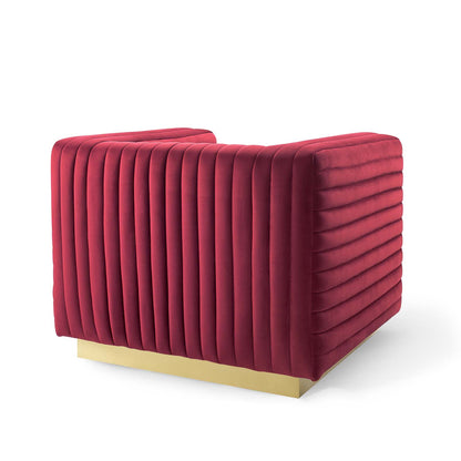 Maroon performance velvet channel-tufted accent armchair with square arms and a gold metal base.