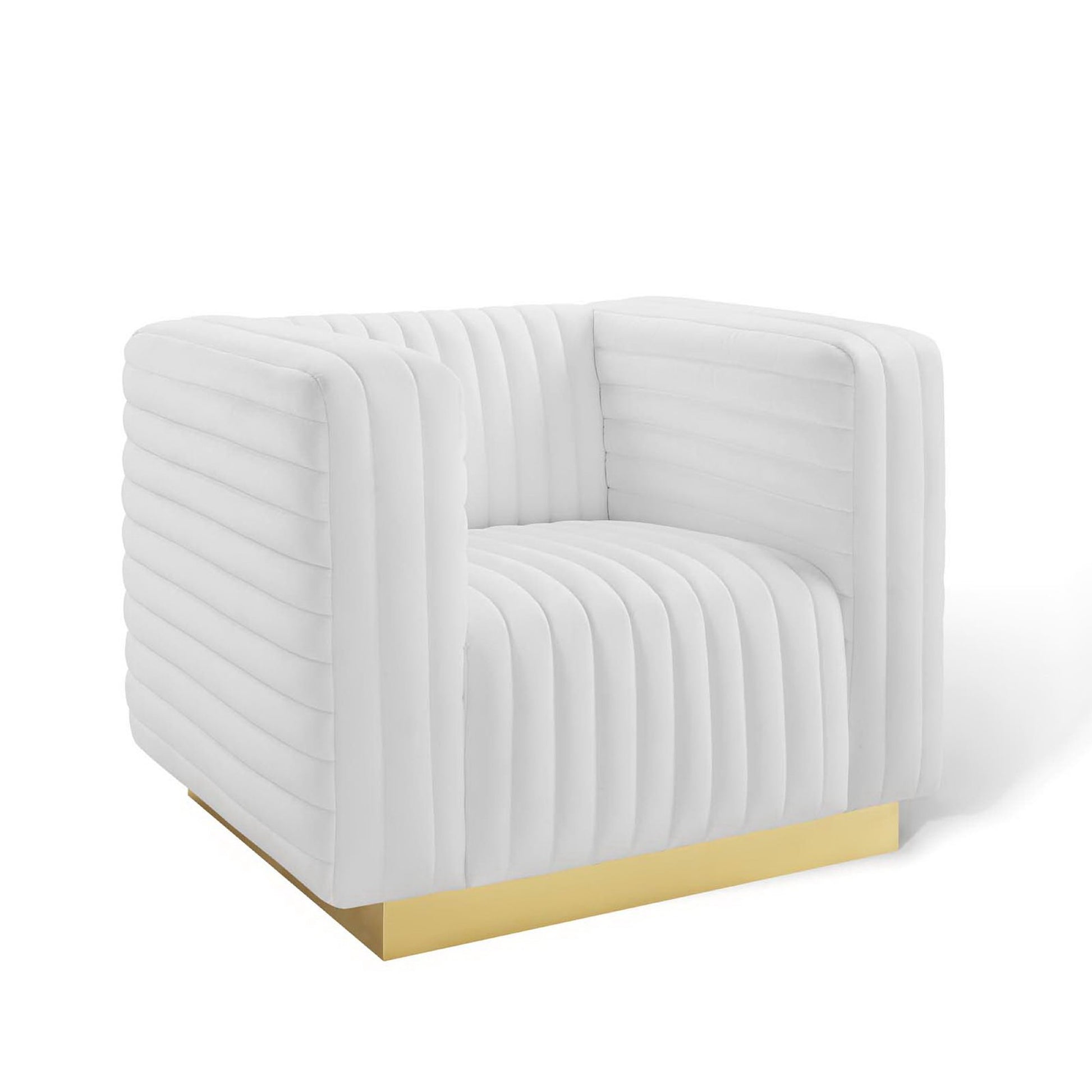 White upholstered square armchair with vertical channel tufting and a gold metal base.