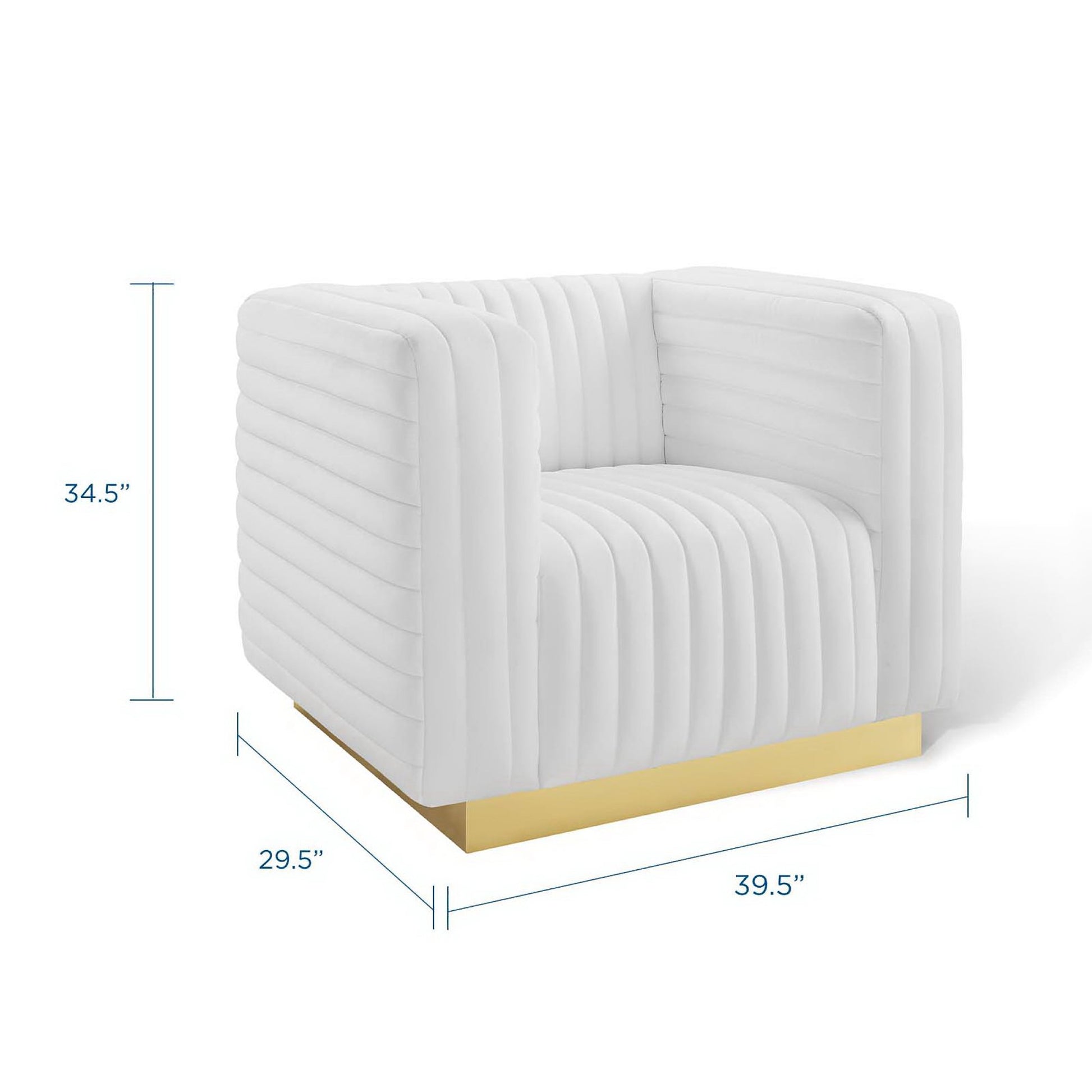 White channel-tufted velvet accent armchair with a gold base; modern blocky design.