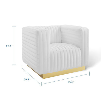 White channel-tufted velvet accent armchair with a gold base; modern blocky design.
