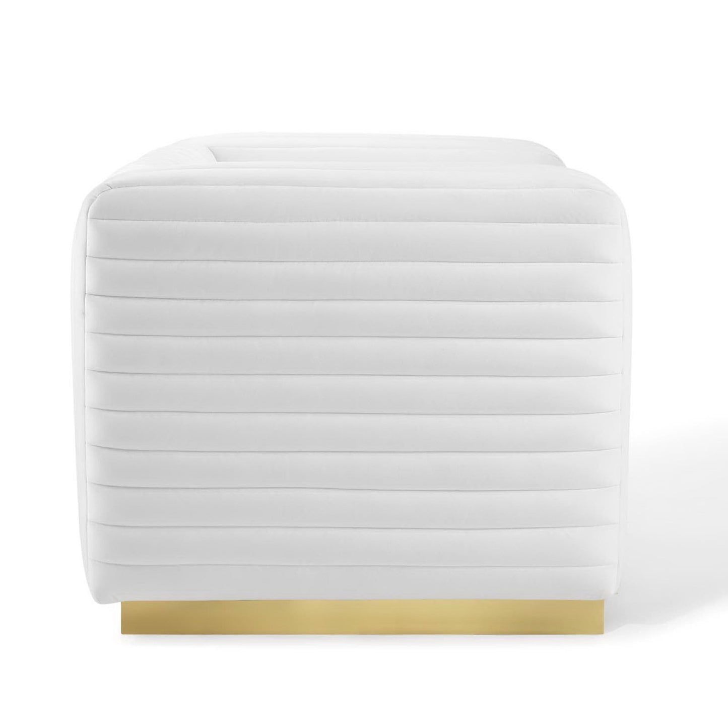 White performance velvet accent armchair with channel tufting.