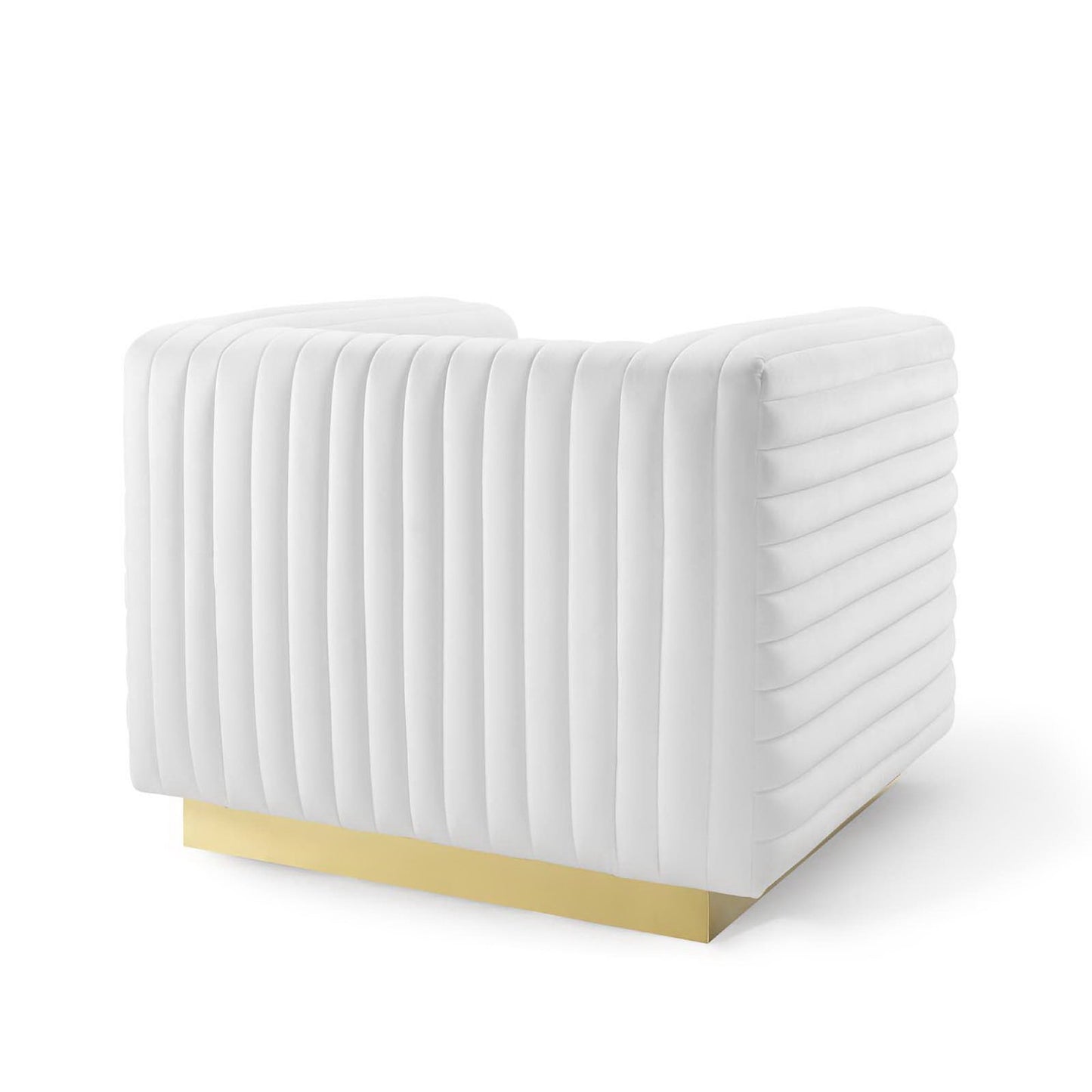 White channel-tufted performance velvet accent armchair with a gold metal base.
