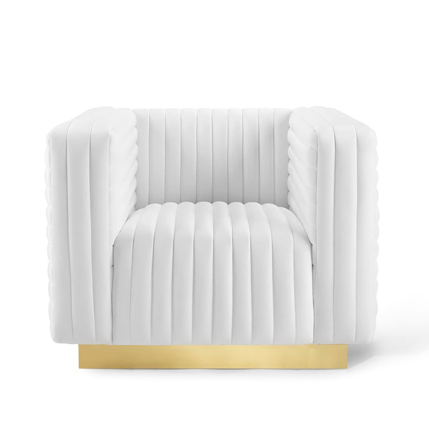 White velvet channel-tufted armchair with a gold platform base, modern lounge seating.