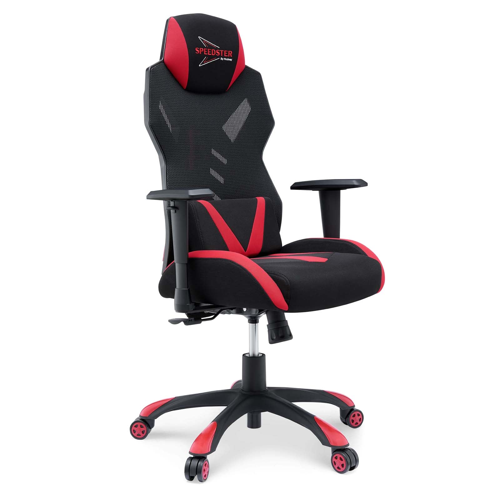 Black and red mesh gaming chair with mesh back, red trim, adjustable armrests, and five-wheel base.