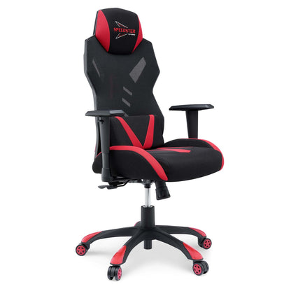 Black and red mesh gaming chair with mesh back, red trim, adjustable armrests, and five-wheel base.