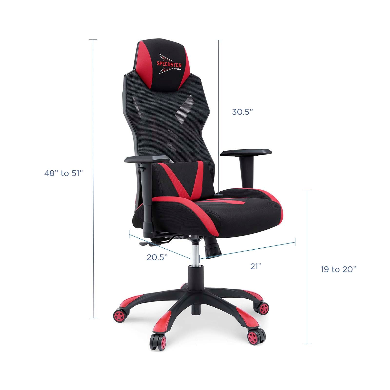 Black & red racing-style gaming chair with high back, padded headrest, ergonomic support, adjustable arms, five casters.