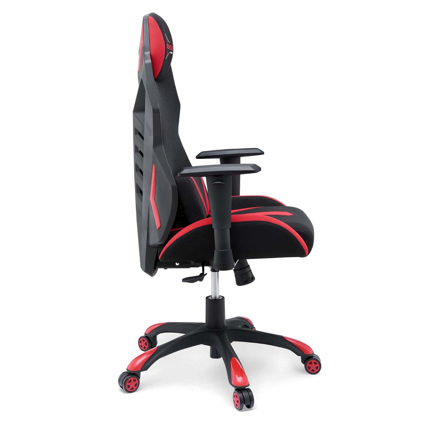 Black and red racing-style mesh gaming chair with high back, adjustable armrests, and wheeled base