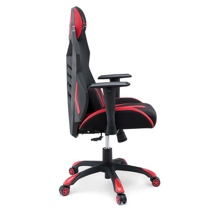 Black and red racing-style mesh gaming chair with high back, adjustable armrests, and wheeled base
