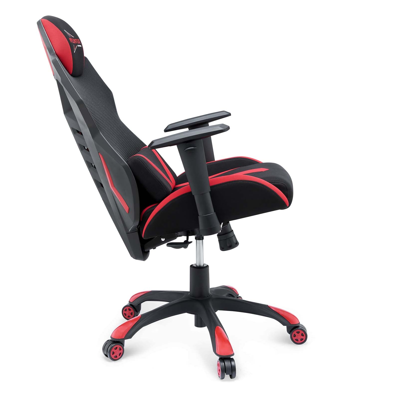 Black and red racing-style mesh gaming chair with high back, padded armrests, and five-caster wheeled base.
