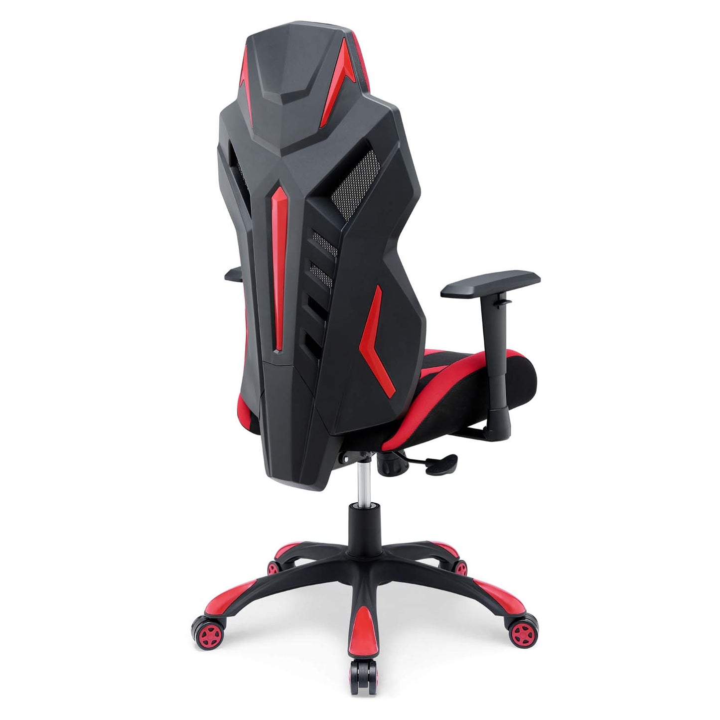 Black and red racing-style gaming chair with high back, ergonomic contours, adjustable armrests, red accents, five-star base.