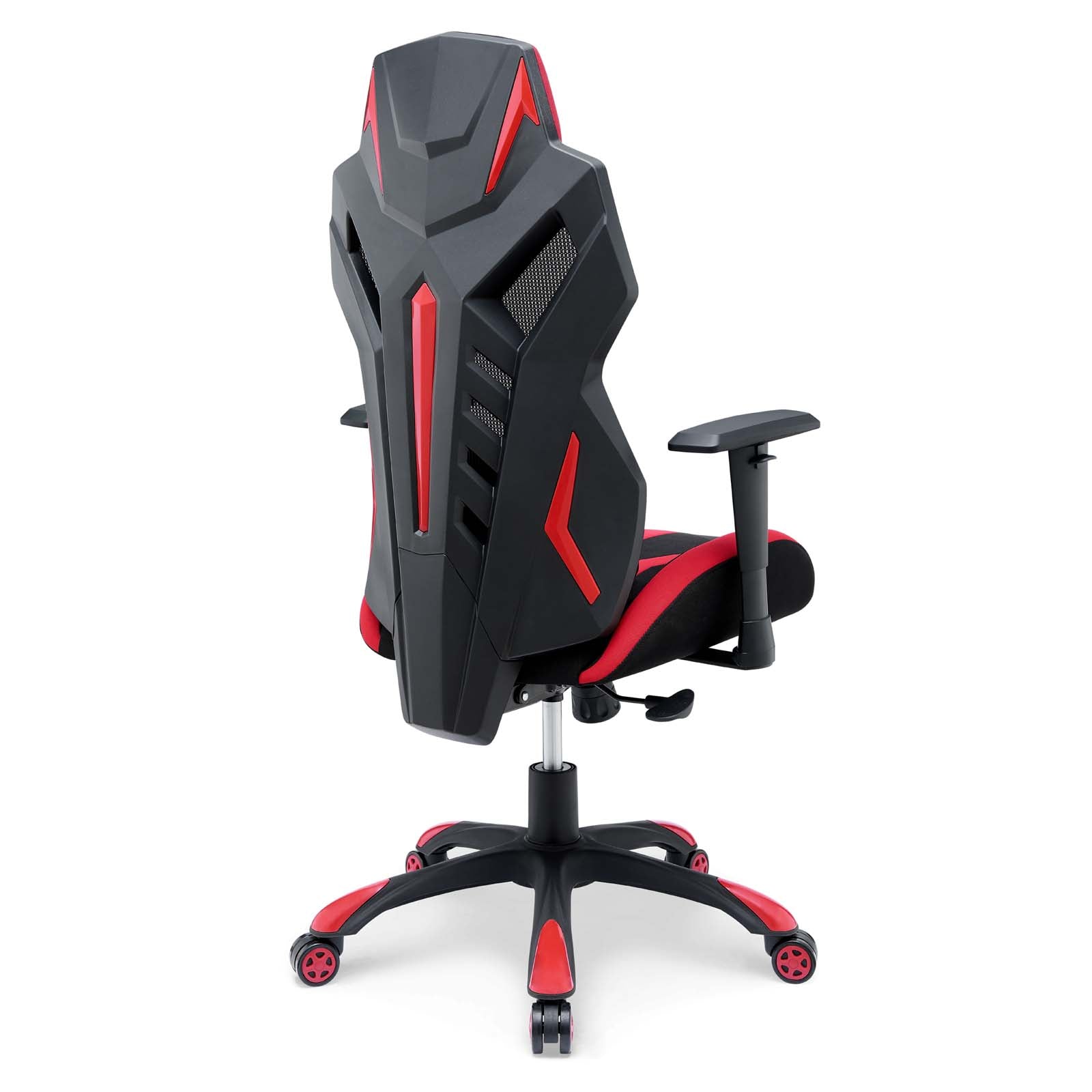 Black and red racing-style gaming chair with high back, ergonomic contours, adjustable armrests, red accents, five-star base.