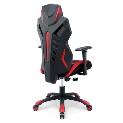 Black and red racing-style gaming chair with high back, ergonomic contours, adjustable armrests, red accents, five-star base.