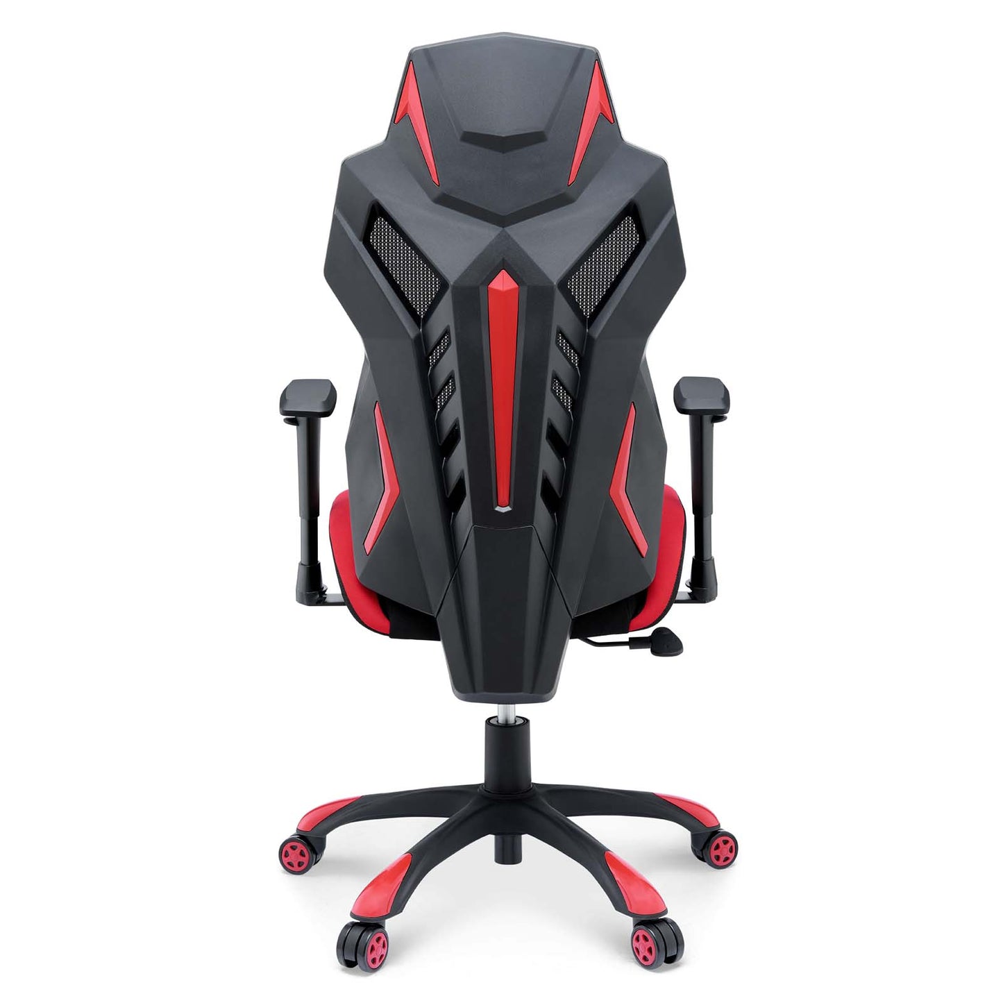 Black & red gaming chair with angular, racing-style shell, padded seat, adjustable armrests, and five caster wheels.