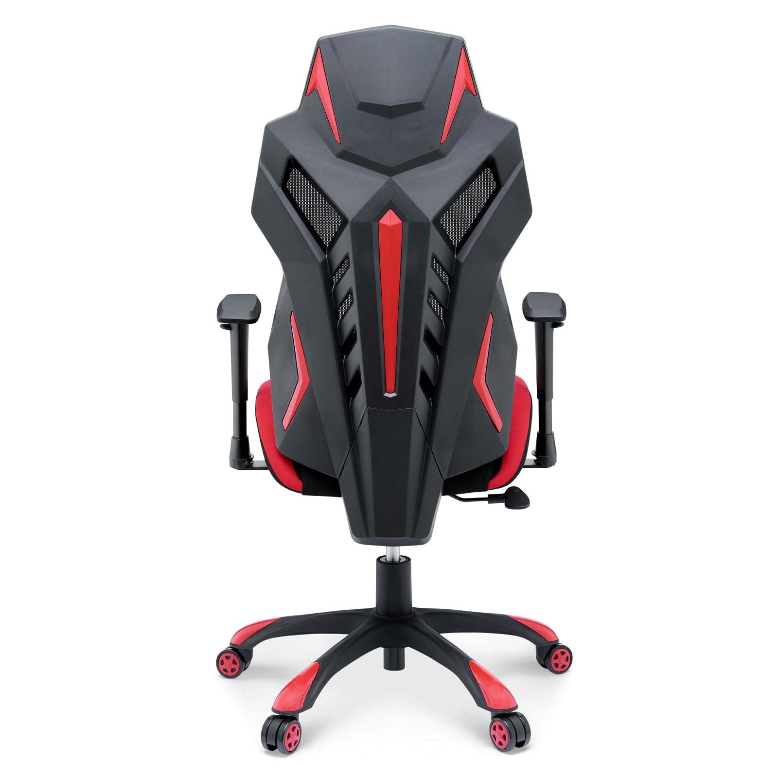 Black & red gaming chair with angular, racing-style shell, padded seat, adjustable armrests, and five caster wheels.