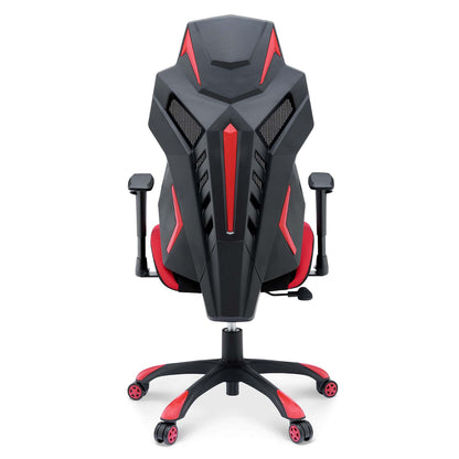 Black & red gaming chair with angular, racing-style shell, padded seat, adjustable armrests, and five caster wheels.