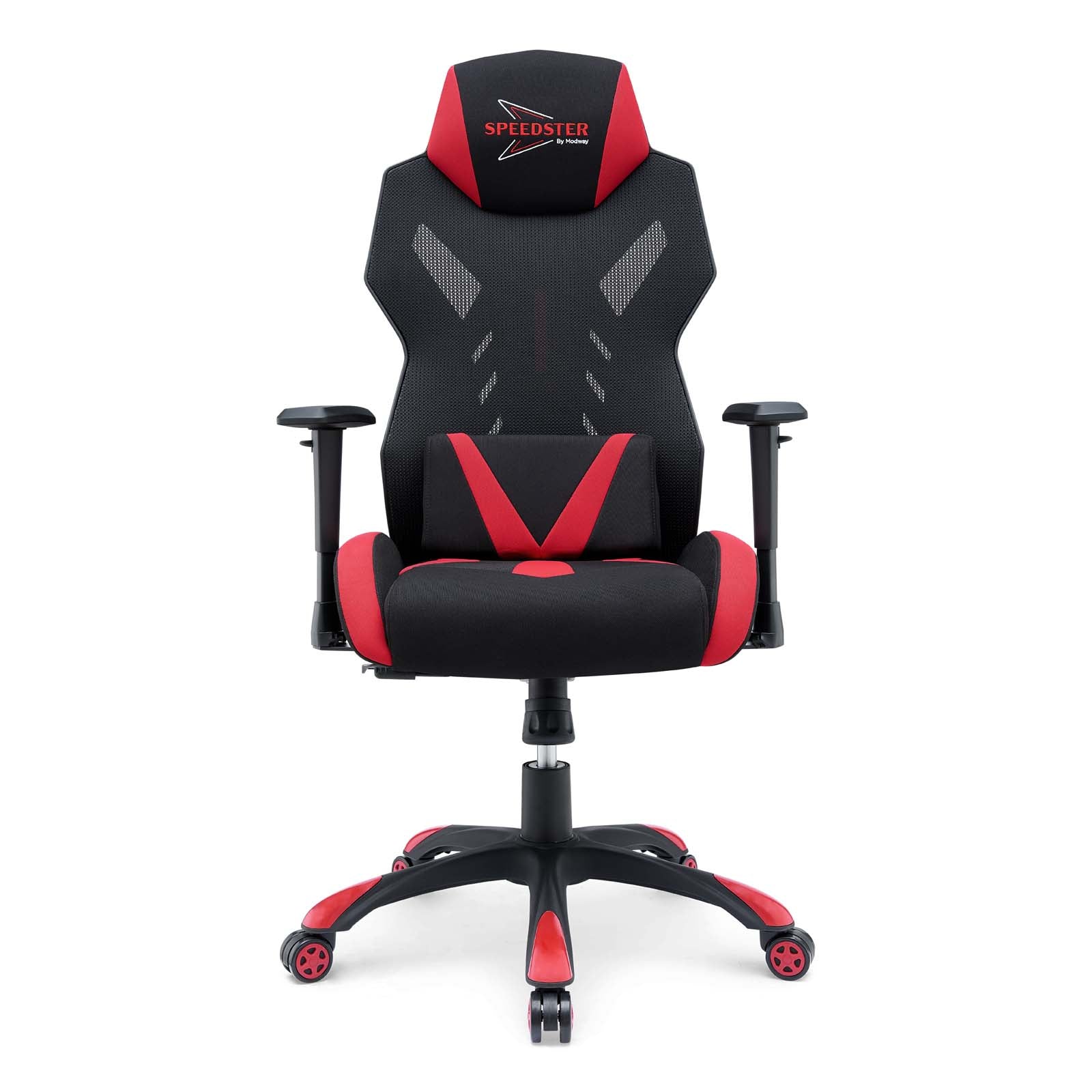 Black and red mesh gaming chair with high back, headrest, lumbar support, adjustable armrests and wheeled five-star base.