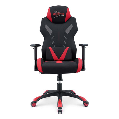 Black and red mesh gaming chair with high back, headrest, lumbar support, adjustable armrests and wheeled five-star base.