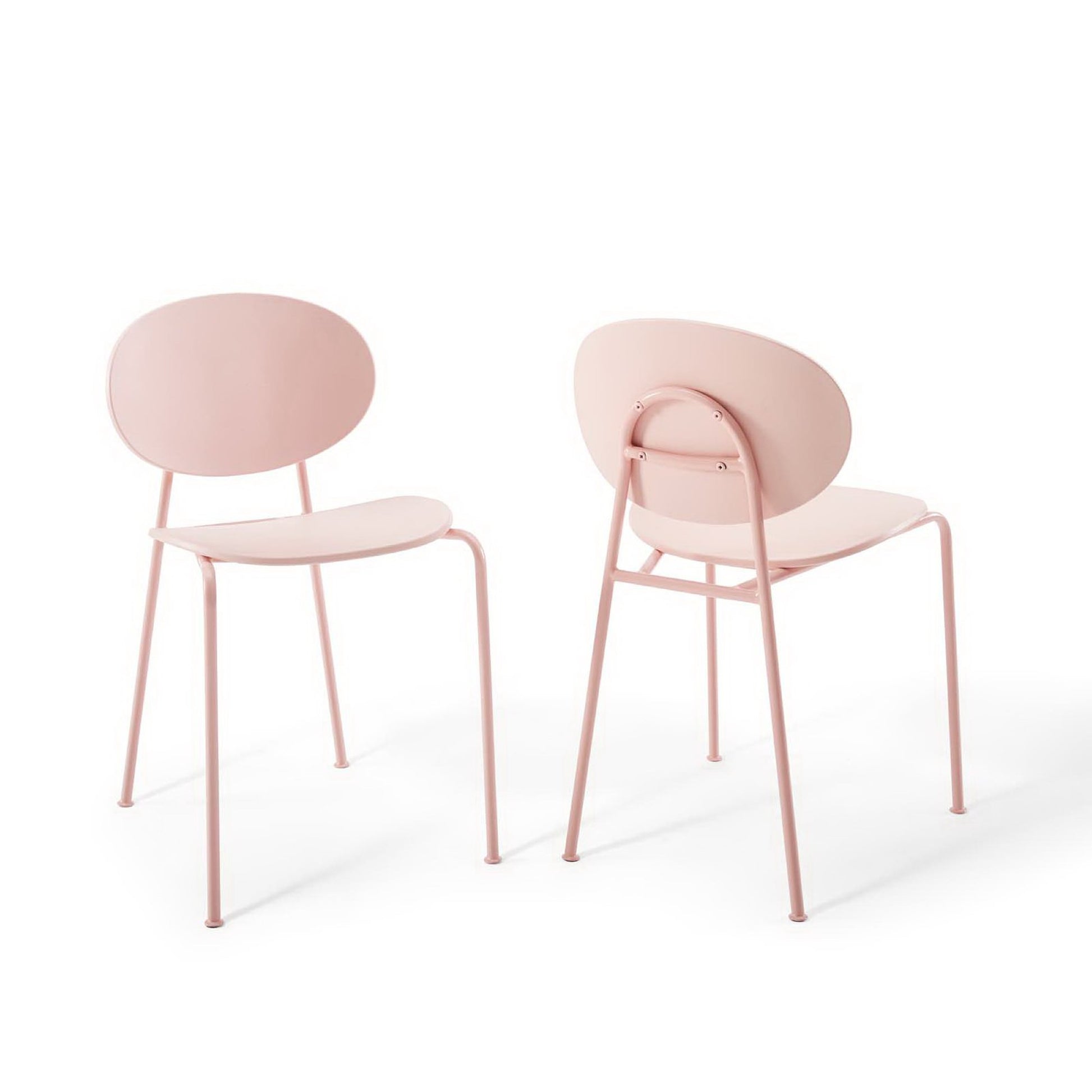 Two red metal dining chairs with rounded oval backrests, slim legs, powder-coated finish; modern minimalist set.