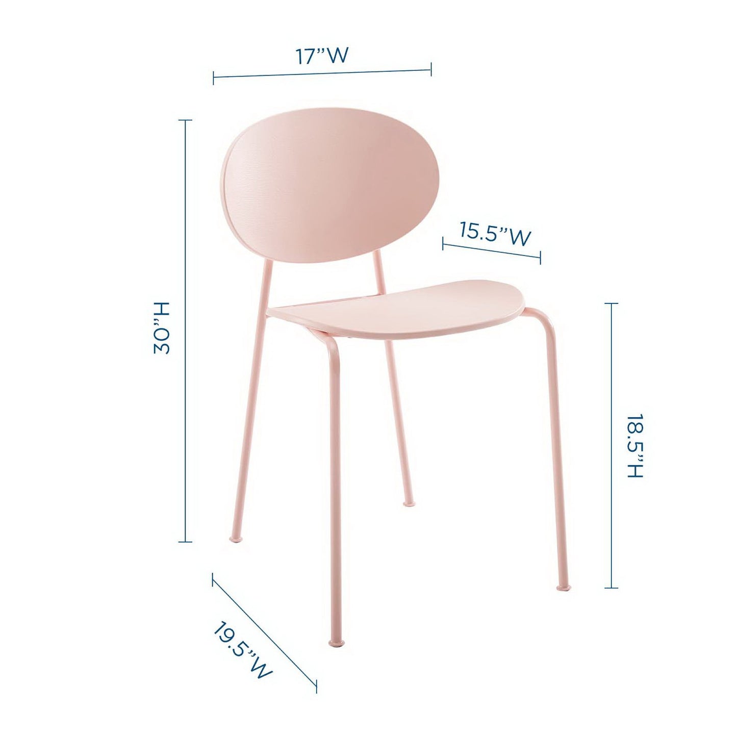 Pink chair with rounded backrest, curved seat, and slim metal legs in a modern minimalist design.