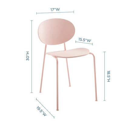Pink chair with rounded backrest, curved seat, and slim metal legs in a modern minimalist design.