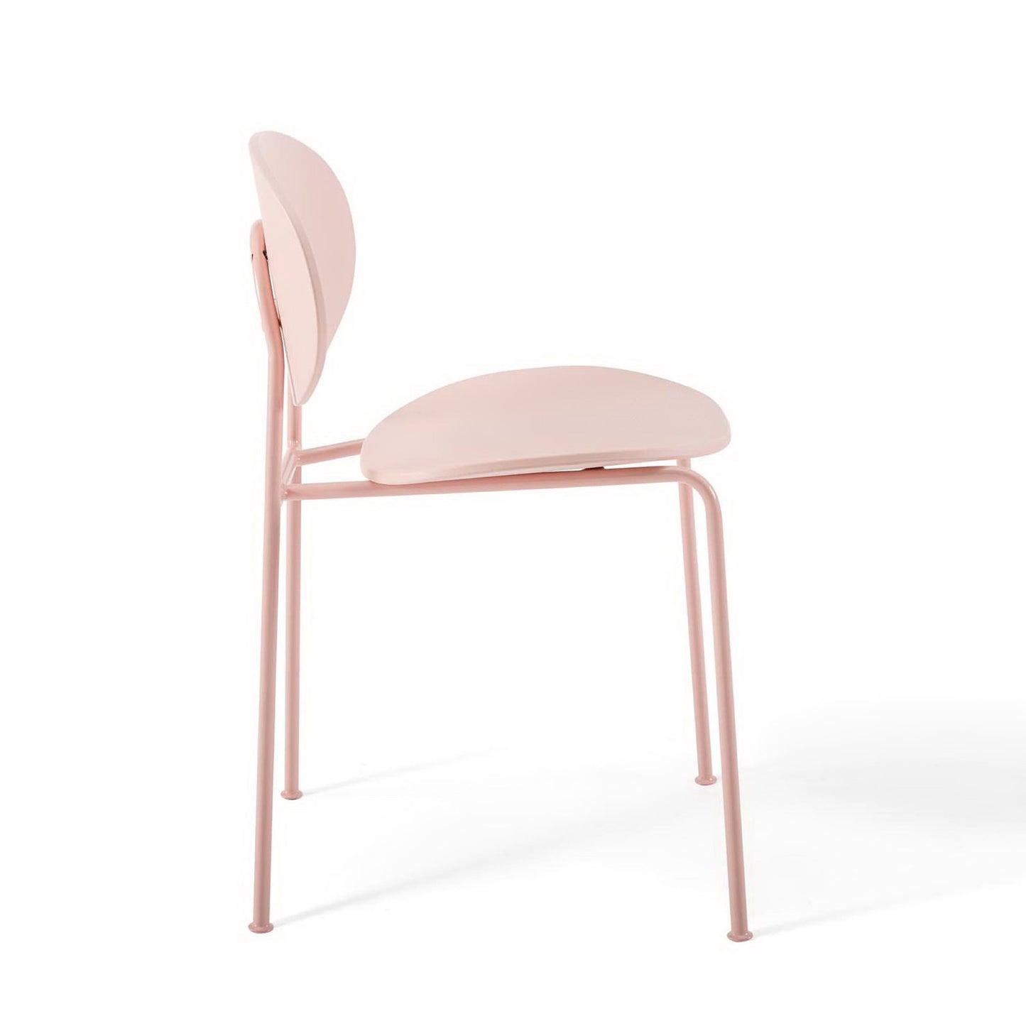 Blush pink metal-framed chair with cushioned oval seat and curved backrest, modern minimalist dining chair.