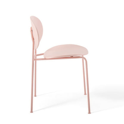 Blush pink metal-framed chair with cushioned oval seat and curved backrest, modern minimalist dining chair.