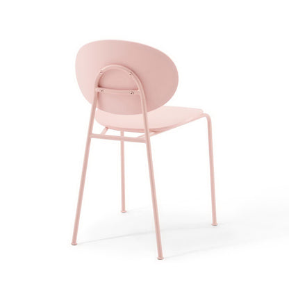Powder-pink metal dining chair with rounded backrest and slim legs, modern minimalist design.