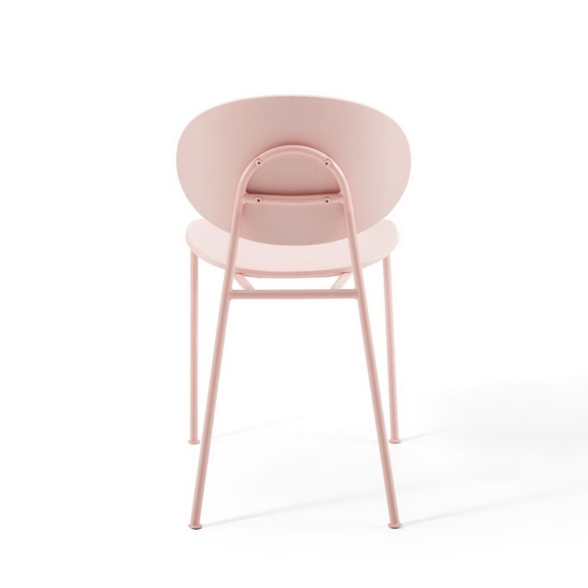 Powder pink metal dining side chair with circular backrest and round seat, slender legs, modern minimalist design, set of 2.
