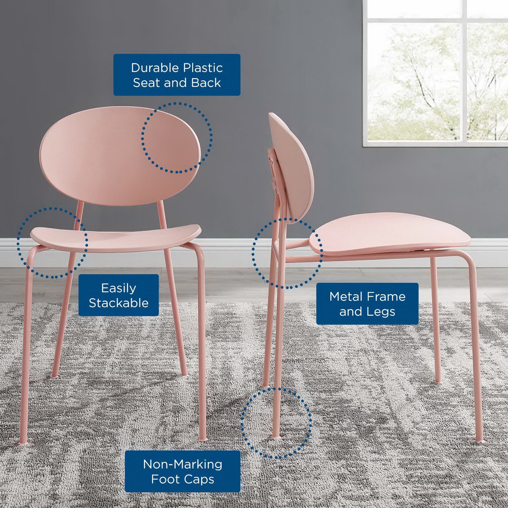 Pair of red plastic-seat dining side chairs with metal frames and rounded backs; stackable with non-marking foot caps.