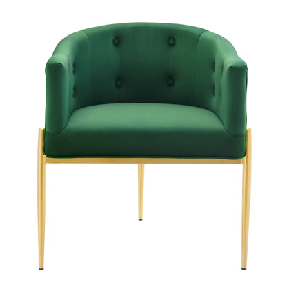 Emerald green velvet accent chair with tufted back & gold-tone metal legs & frame.